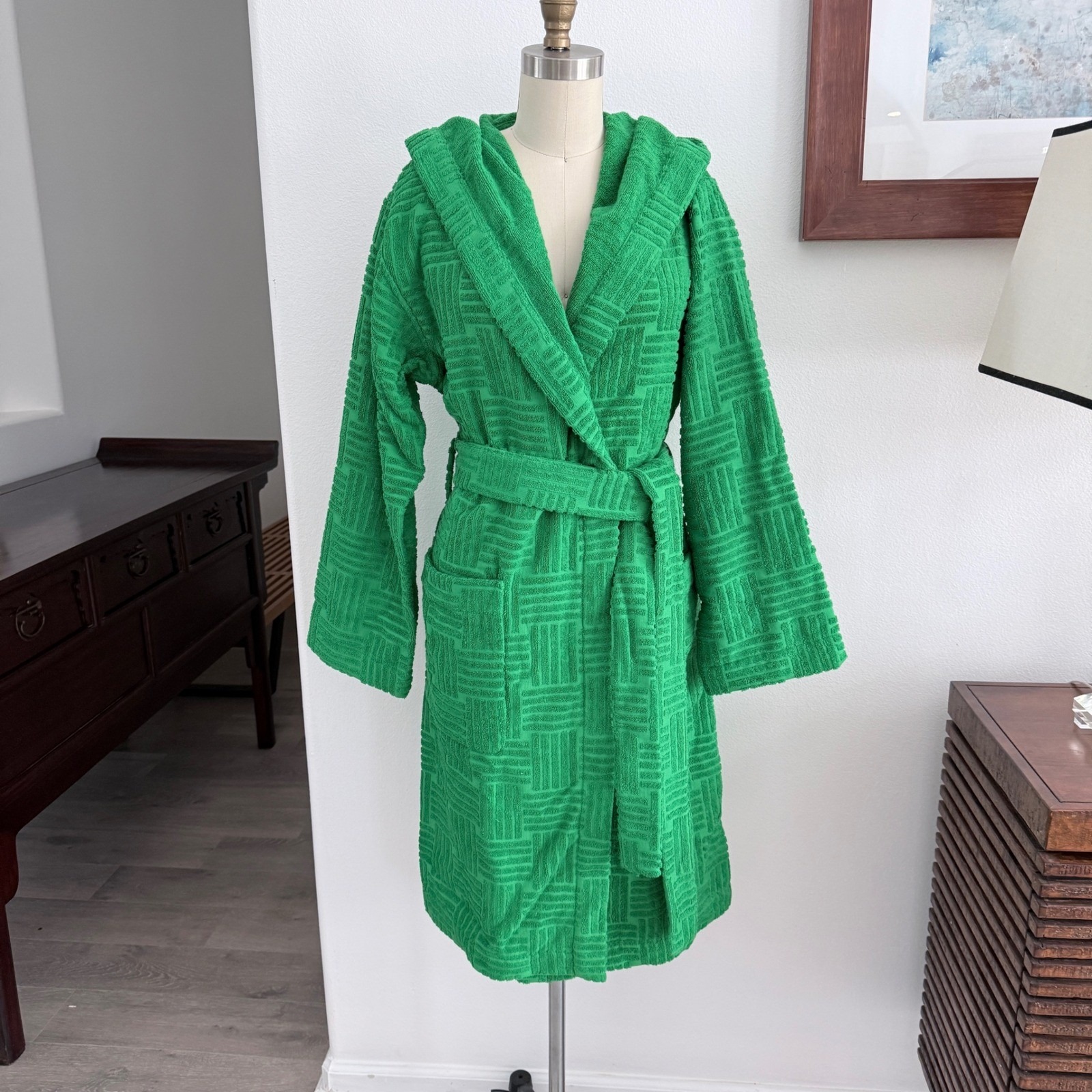 Bottega Veneta Women's Terry Bath Robe Green W/Hood Small 656096 Italy
